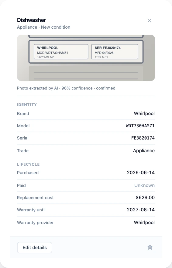 An appliance record read from its label photo