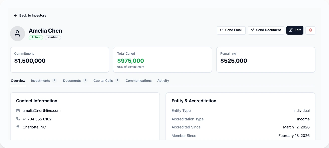 An investor record: commitment, called and remaining